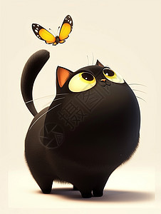与蝴蝶一起玩耍可爱的卡通小黑猫图片