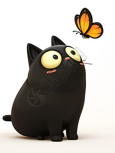 与蝴蝶一起玩耍的卡通小黑猫图片