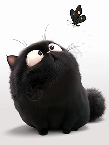 蝴蝶飞舞的可爱卡通小黑猫图片