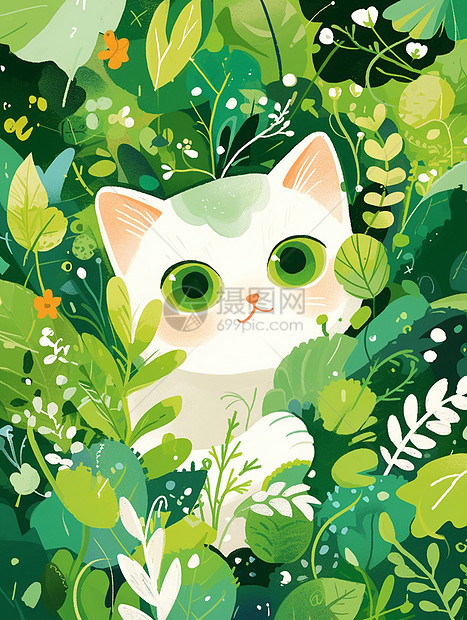 植物花丛中的可爱卡通小花猫图片