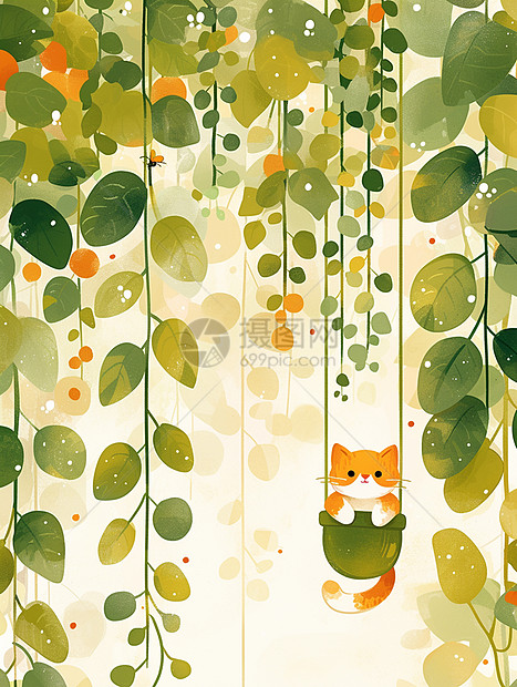 在树藤下荡秋千的可爱卡通小橘猫图片