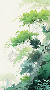 云雾缭绕的山林中嫩绿色的树背景图片