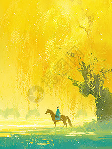 骑着马在树下路过的小小卡通武侠人物高清图片