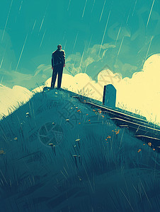 清明节雨中站在墓碑前的卡通人物图片