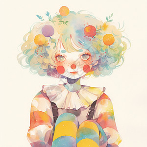 小丑装扮水彩风卡通女孩图片