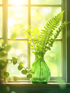 窗前一瓶嫩绿色的植物背景图片