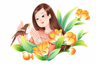 春季女孩小麻雀春天花卉场景图片