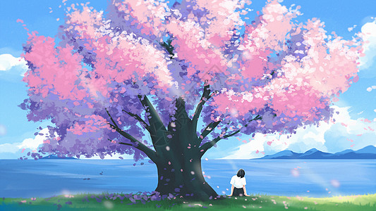 手绘治愈樱花树下遥望远方的少女插画插画