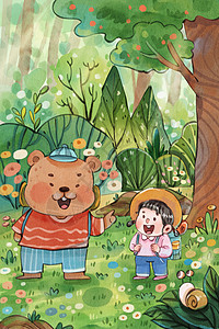 手绘水彩春天女孩与熊森林探险治愈系插画高清图片