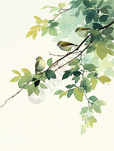 春天落在树杈上的绿色可爱卡通小鸟图片