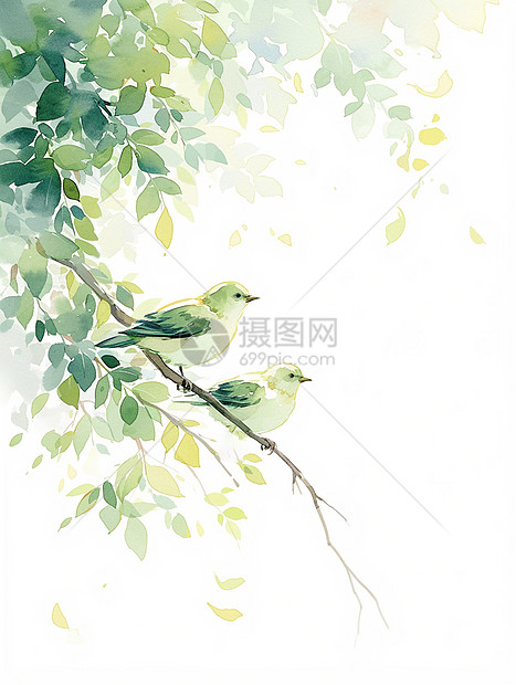 春天落在树杈上的绿色可爱小鸟图片