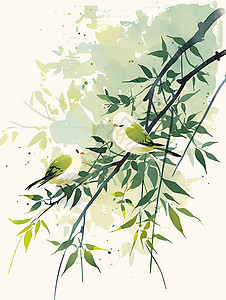 落在树杈上的绿色可爱卡通小鸟图片
