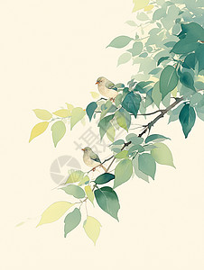 树枝上几只绿色卡通小鸟在休息背景图片