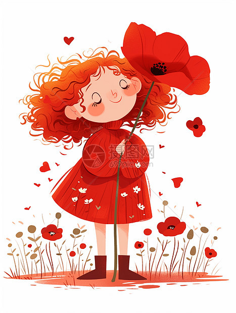 抱着小红花橙色卷发可爱的卡通小女孩图片