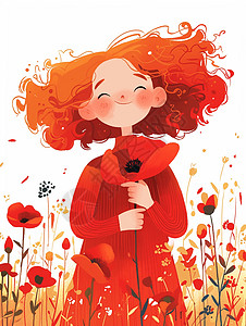 多抱着小红花橙色卷发可爱的小女孩插画