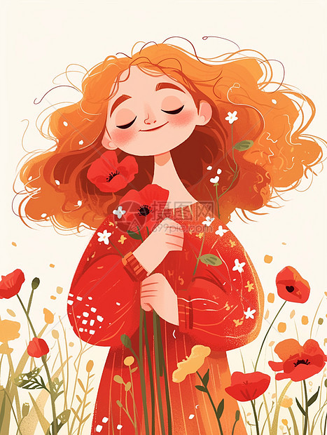 小红花橙色卷发可爱的卡通小女孩图片