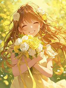 怀抱花朵开心笑长发漂亮的女孩图片