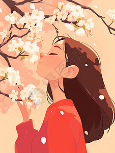 面带微笑正在树下闻花朵的卡通女人图片