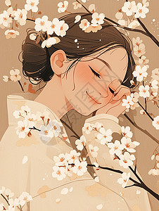 面带微笑正在树下闻花朵的女人图片