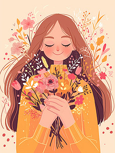 毛衣图片橙色毛衣怀抱花朵面带微笑的长发卡通女人插画