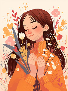 身穿橙色毛衣怀抱花朵面带微笑的女人图片