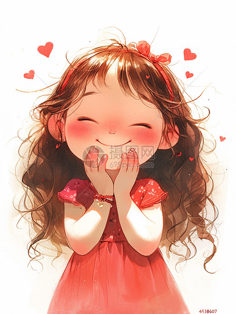 身穿小红裙子开心笑的可爱卡通小女孩图片