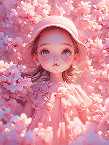 桃花园中大眼睛漂亮的卡通女孩图片