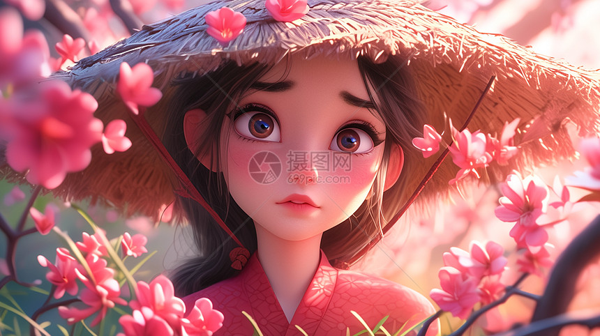 戴着大大的草帽在桃花树下赏花的可爱卡通小女孩图片