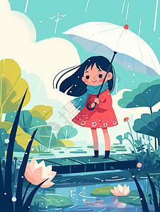 春天雨中穿着红裙子打着小伞在赏花的小女孩图片