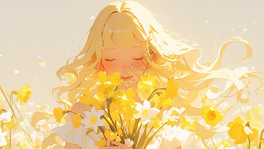在黄色花园中赏花的小清新漂亮卡通小女孩图片