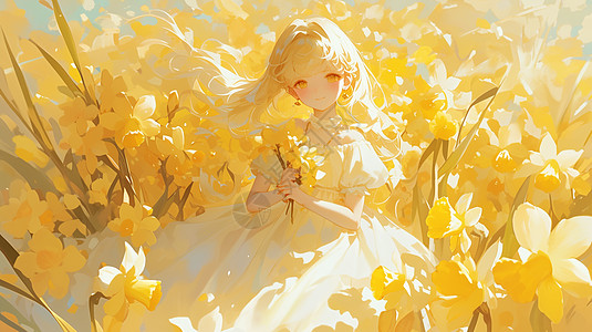 春天午后在黄色花园中赏花的女孩图片