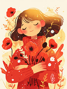 红色毛衣怀抱花朵的小清新扁平风卡通女孩图片