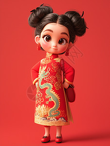 喜庆的红色衣服的卡通小女孩高清图片