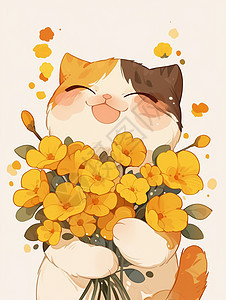 怀抱着小黄花的可爱小花猫图片