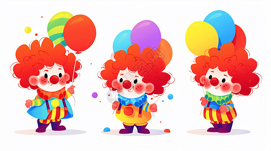 红色卷发手拿气球的可爱卡通小丑图片