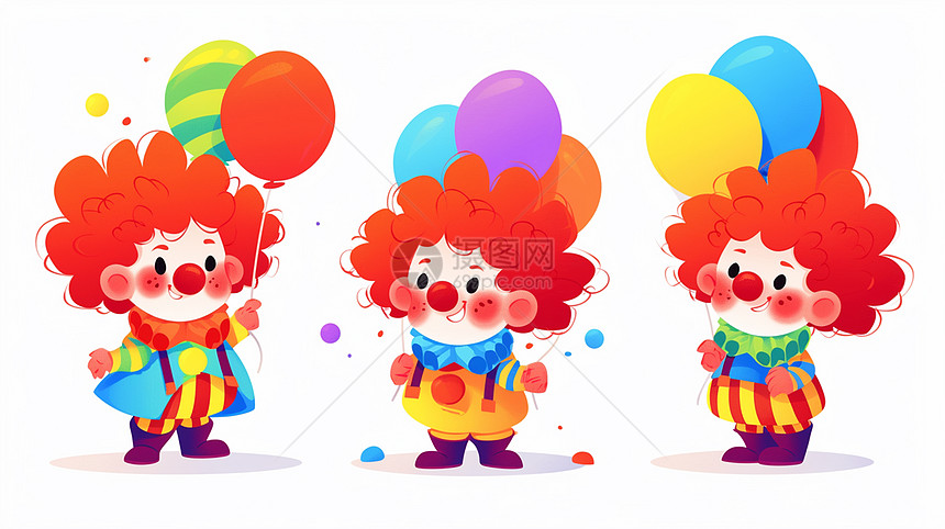 红色卷发手拿气球的可爱卡通小丑图片