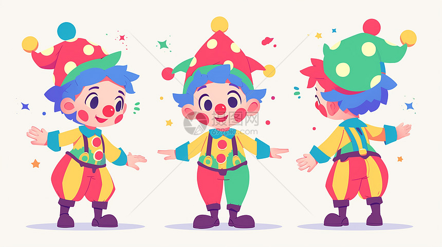 愚人节穿着彩色滑稽服装的卡通小丑图片
