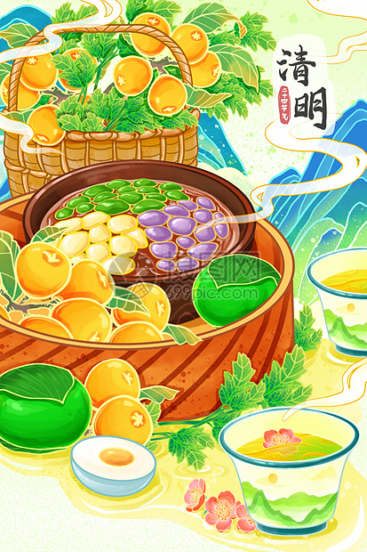 国潮风手绘清明节美食青团芋圆枇杷茶叶山水场景插画图片