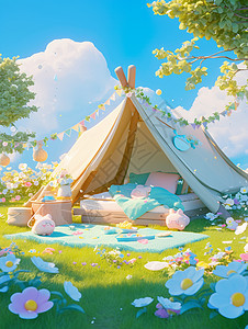 春天在草地上一个白色露营帐篷图片