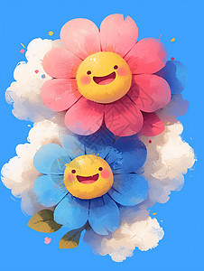 在云朵上彩色立体可爱的卡通小花图片