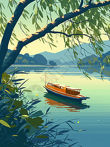 在安静的湖面上飘着一艘小小的船图片