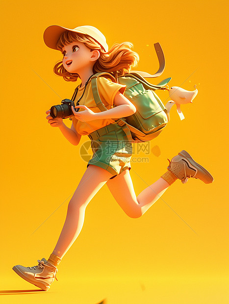 头戴帽子背着相机奔跑的卡通女孩图片