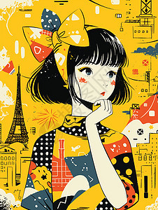 涂鸦风时尚的黄色调在街角处的女孩图片