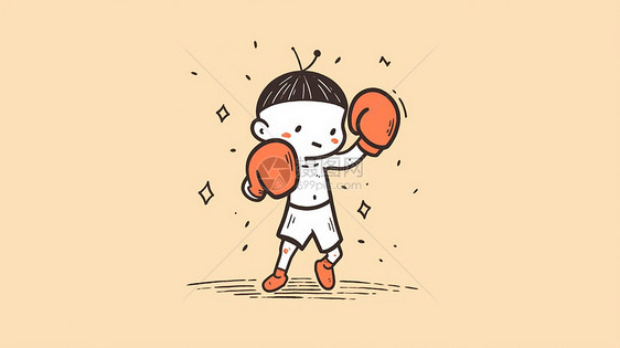 戴着拳击手套手绘风可爱卡通小男孩图片