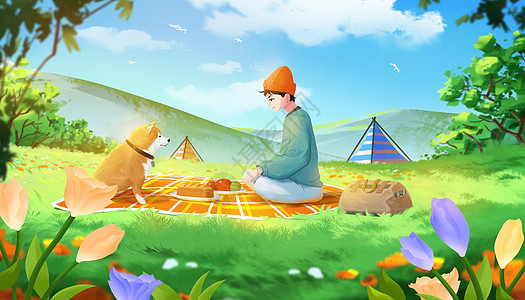 春季户外与宠物一起露营野餐卡通插画图片