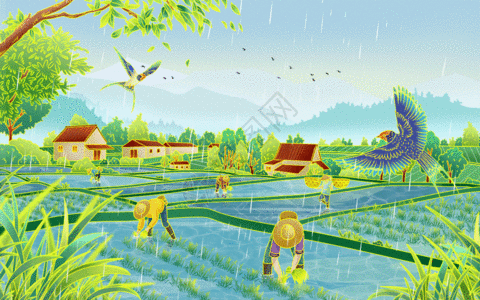 谷雨图片二十四节气谷雨稻田国潮手绘插画绿色燕子插秧GIF高清图片
