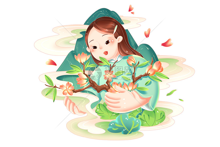 春季国潮中国风女孩春天景观组合装饰图片