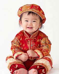 穿着红色喜庆的民族风服装的女婴图片