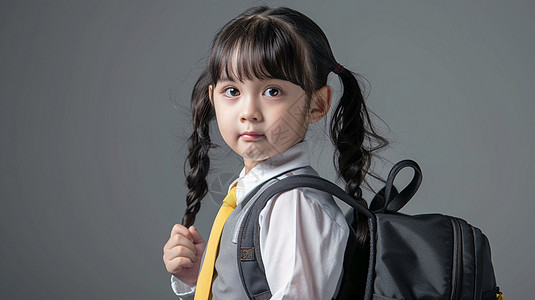 黄色领带背着书包的可爱卡通小女孩图片