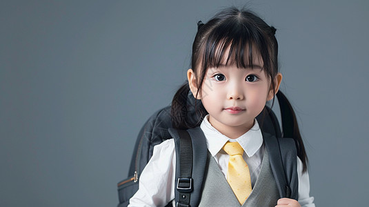 戴着黄色领带背着书包的可爱女孩图片